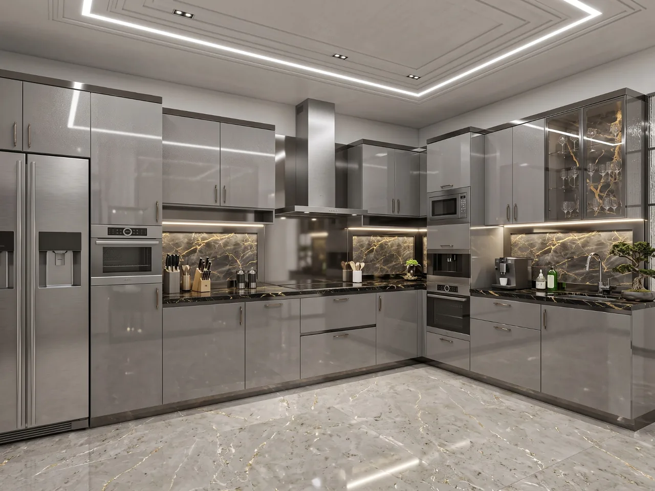 Modern grey high-gloss kitchen with black and gold marble countertops and backsplash, integrated appliances and marble floor