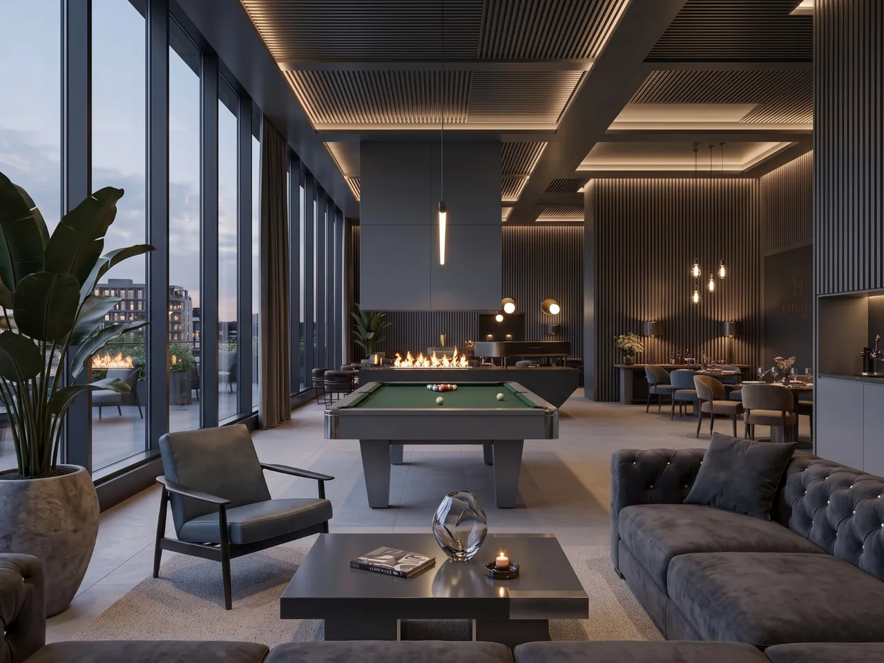 Charcoal timber-slatted hotel lounge with linear fireplace, green-baize pool table, velvet seating and floor-to-ceiling city windows at dusk