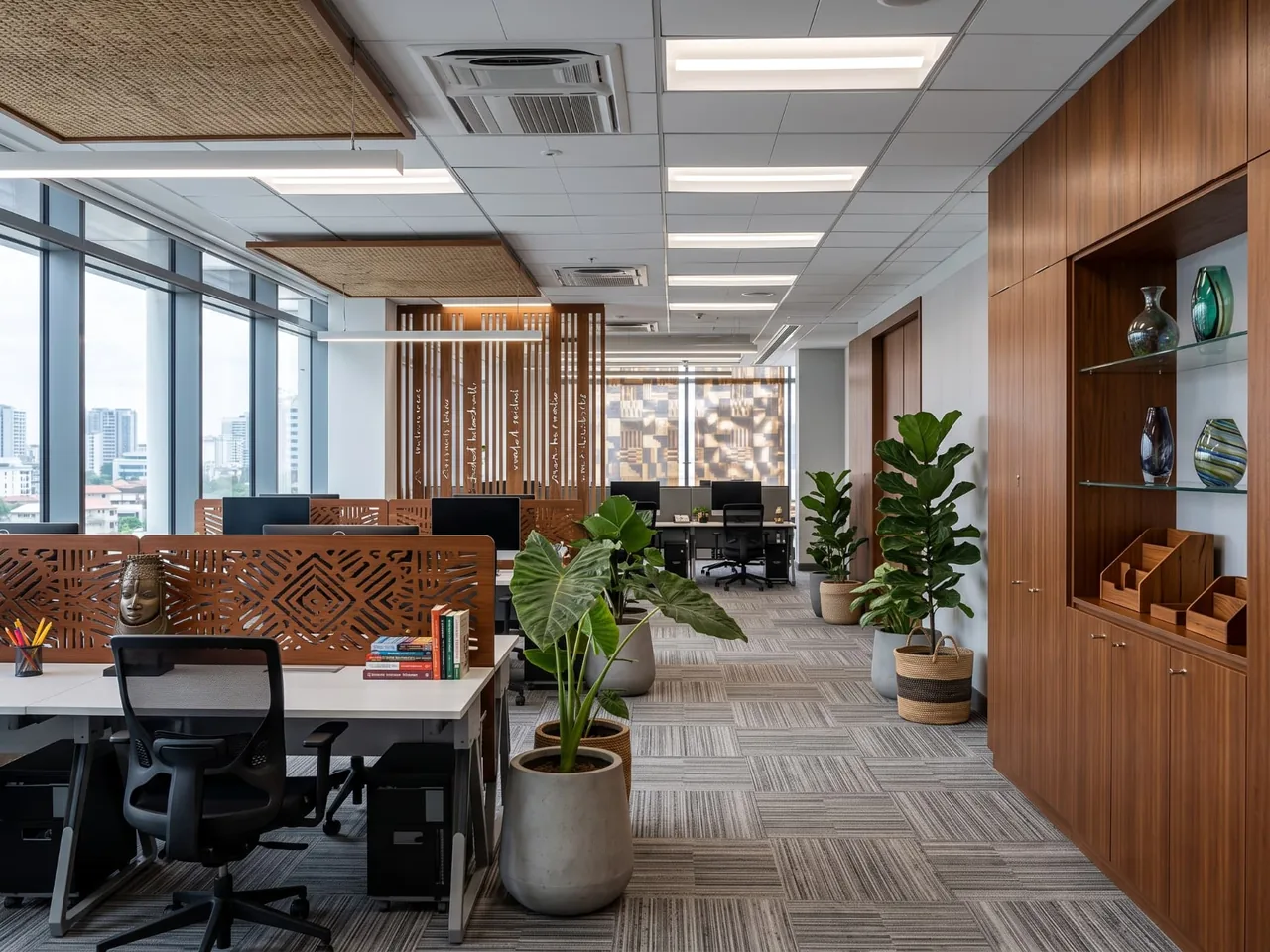 Modern open-plan office fit-out with timber screens, patterned partitions, city views and planting