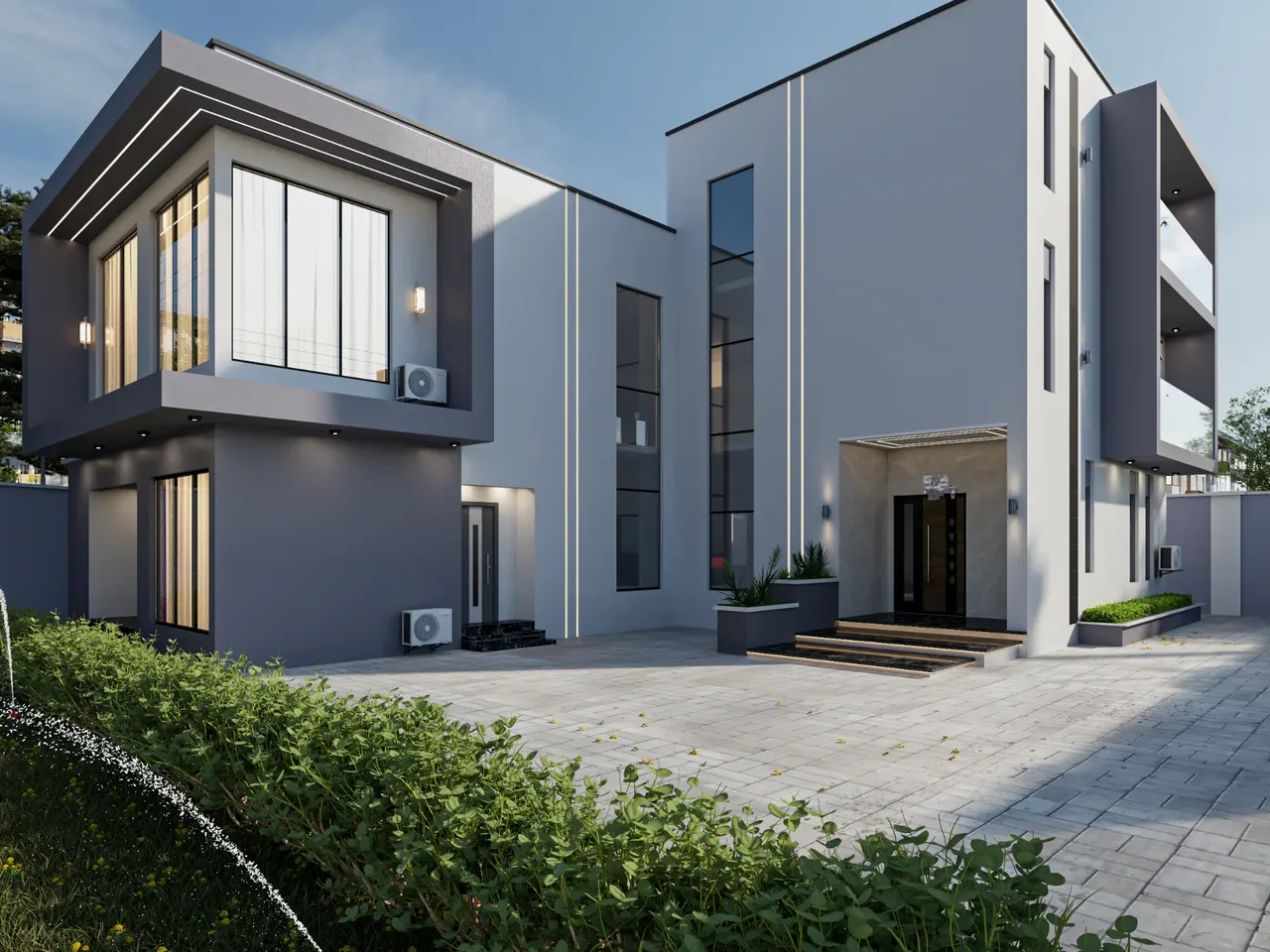 Modern two-storey white and charcoal residence with paved courtyard