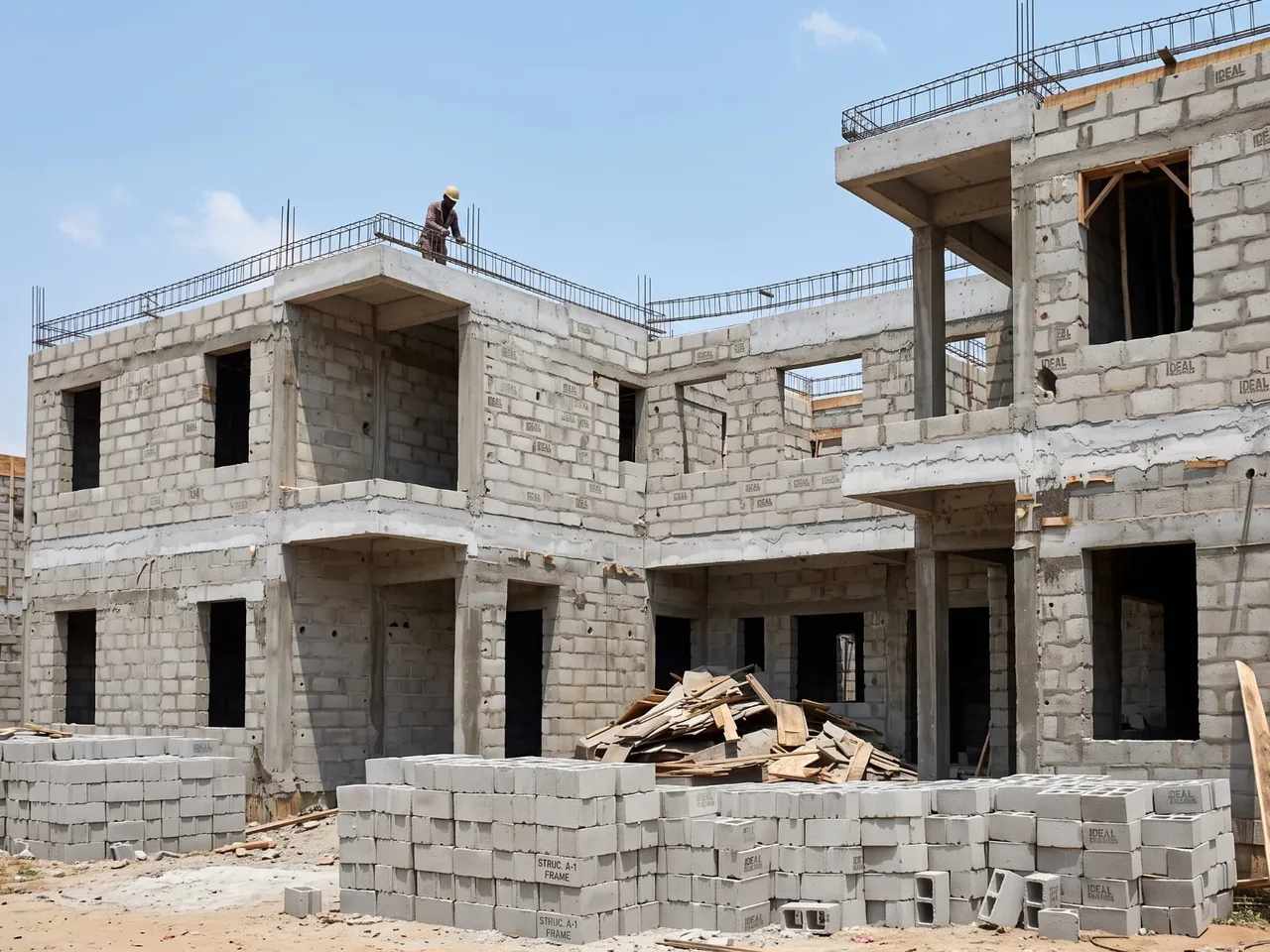Two-storey blockwork building under construction with exposed concrete beams, rebar starters and stacked concrete blocks in the foreground