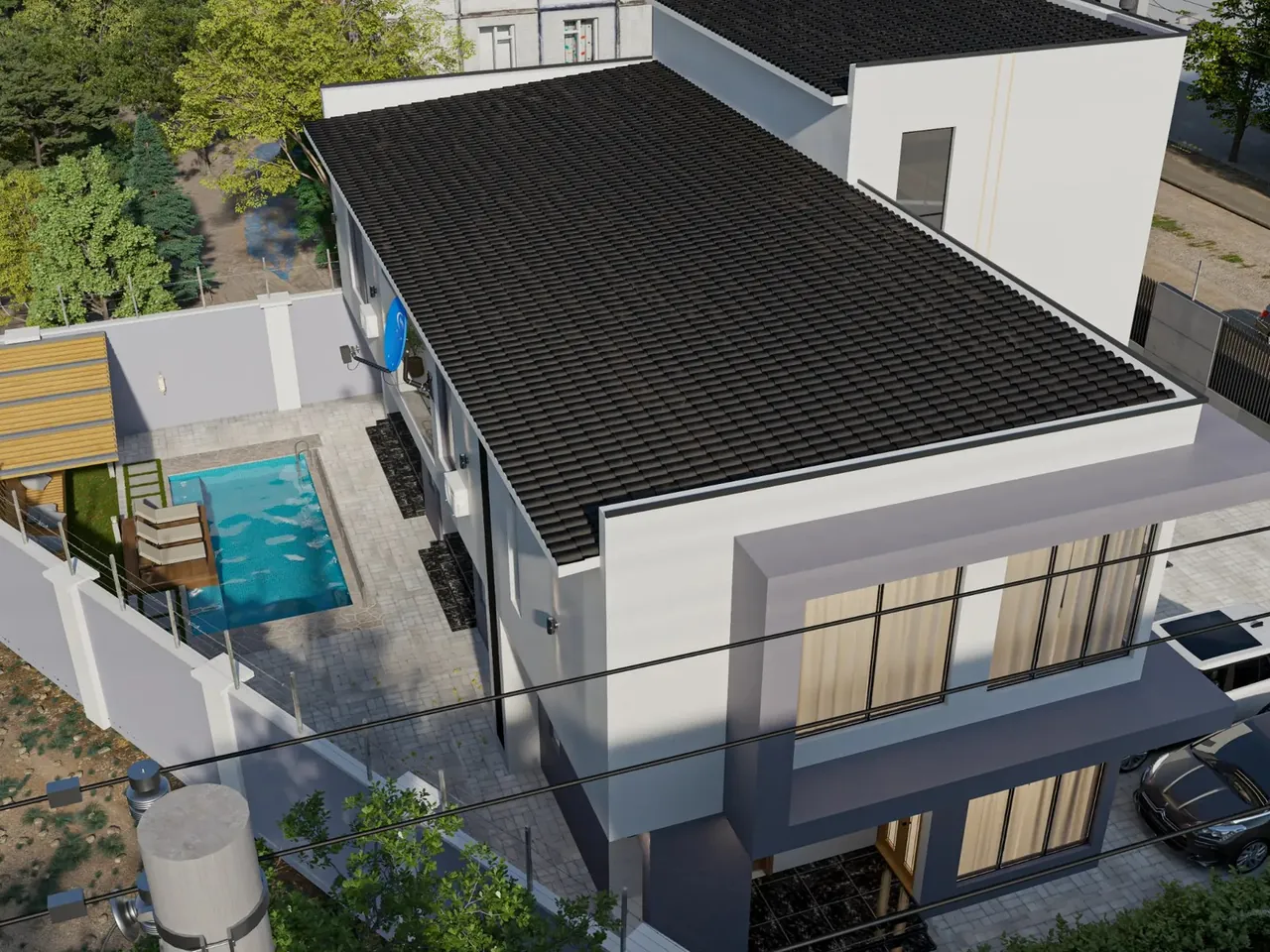 After — Aerial 3D render and furnished floor plan of a modern residence designed by HAMAAR Projects in Abuja