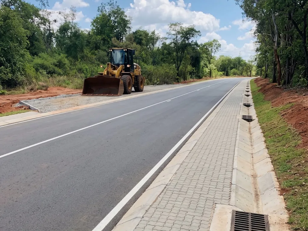 After — Laterite road under grading and the same route completed with asphalt paving and drainage by HAMAAR Projects