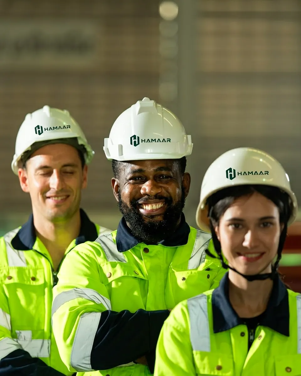 HAMAAR Projects site management team in branded hard hats and high-visibility vests on a construction site